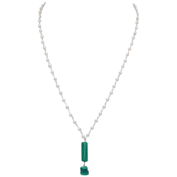 Malachite Gemstone With Pearl Chain White Rhodium Plating Bp1021