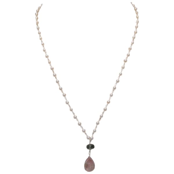 Pink Amethyst & Aquamarine Gemstone With Pearl Chain White Rhodium Plating Bp1025
