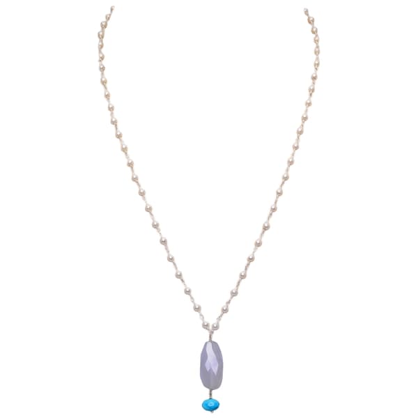 Chalcedony & Turquoise Gemstone With Pearl Chain White Rhodium Plating Bp1026