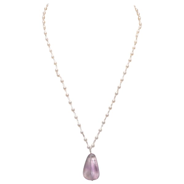 Amethyst Gemstone With Pearl Chain White Rhodium Plating Bp1027