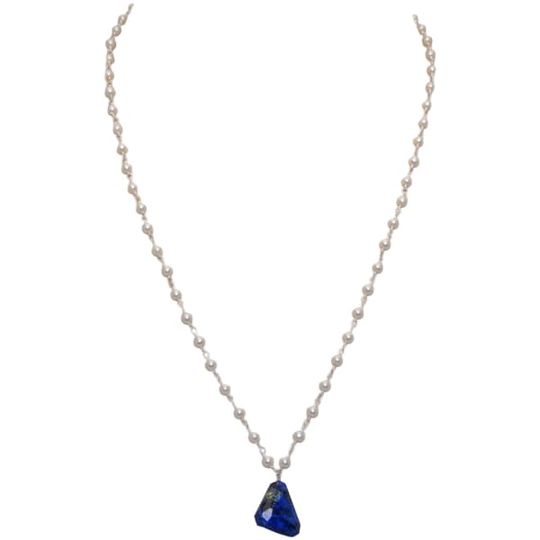 Lapis Lazuli Gemstone With Pearl Chain White Rhodium Plating Bp1029
