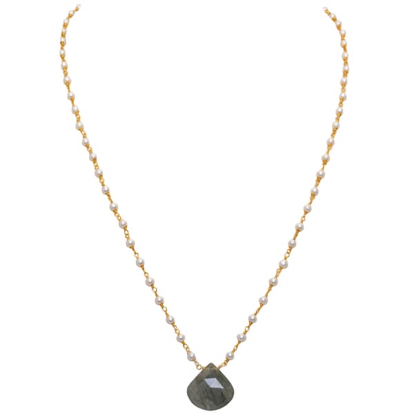 Rutile Quatz Gemstone With Pearl Chain Gold Rhodium Plating Bp1035