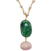 Pink Opal & Emerald Gemstone With Pearl Chain Gold Rhodium Plating Bp1039 photo 2