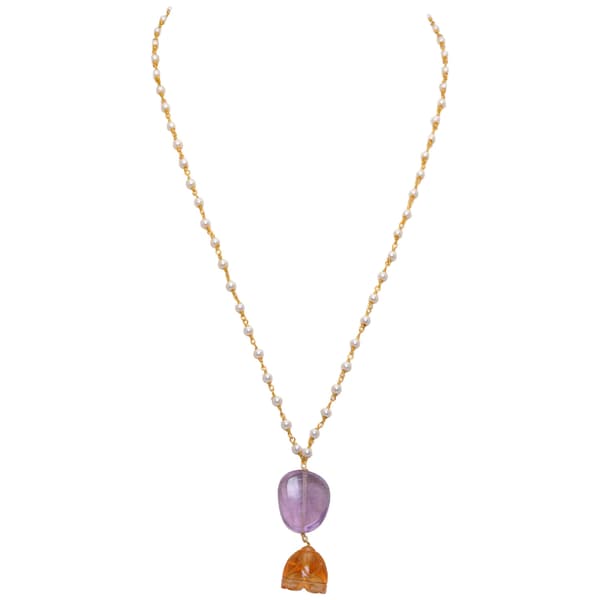 Citrine & Amethyst Gemstone With Pearl Chain Gold Rhodium Plating Bp1040