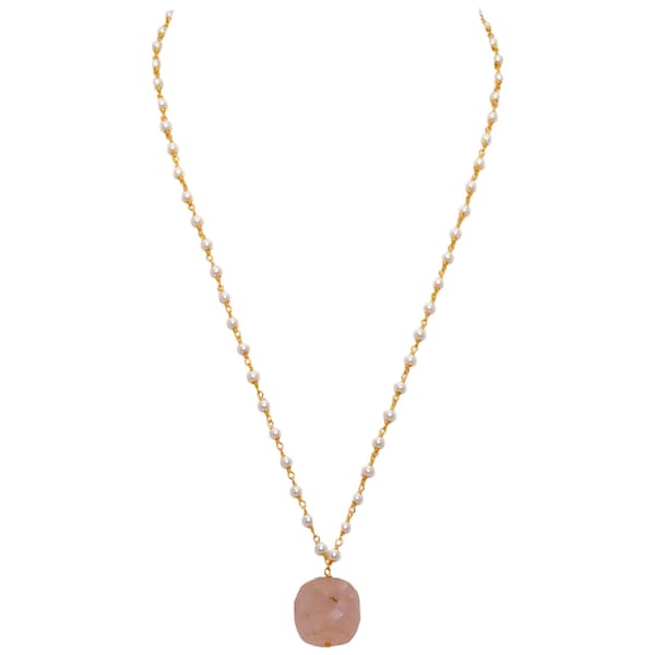 Morganite Gemstone With Pearl Chain Gold Rhodium Plating Bp1041