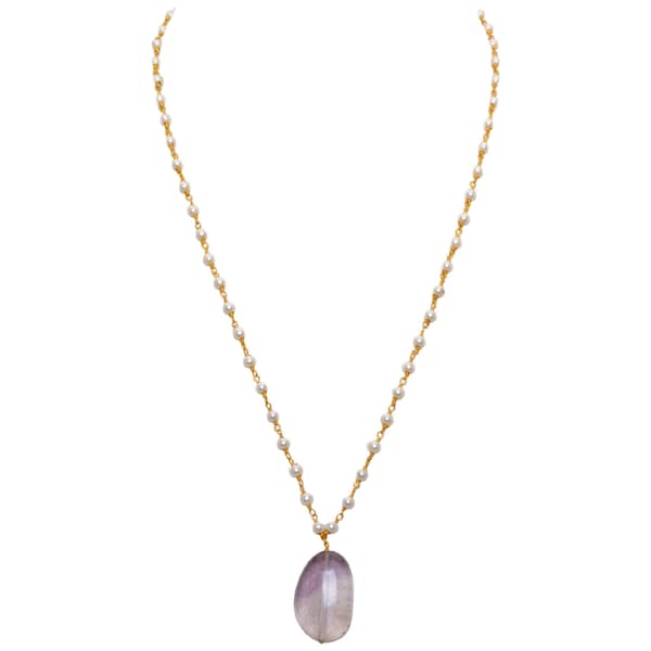 Amethyst Gemstone With Pearl Chain Gold Rhodium Plating Bp1042