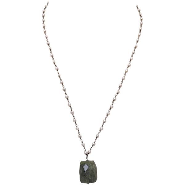 Labradorite Gemstone With Pearl Chain Black Rhodium Plating Bp1049