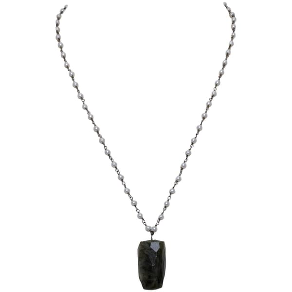 Labradorite Gemstone With Pearl Chain Black Rhodium Plating Bp1053