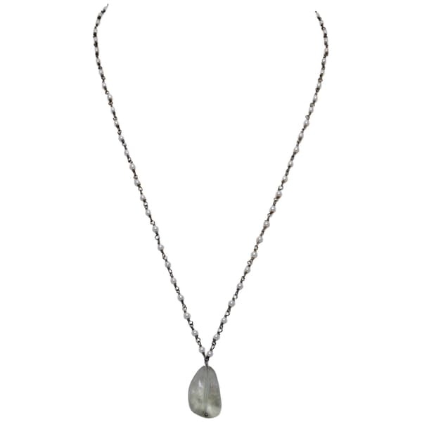 Aquamarine Gemstone With Pearl Chain Black Rhodium Plating Bp1054