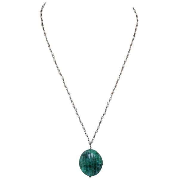 Emerald Gemstone With Pearl Chain Black Rhodium Plating Bp1055