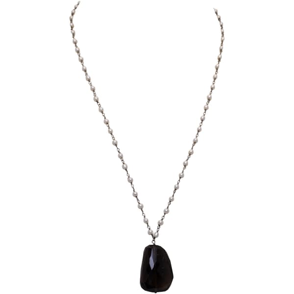Smoky Gemstone With Pearl Chain Black Rhodium Plating Bp1057