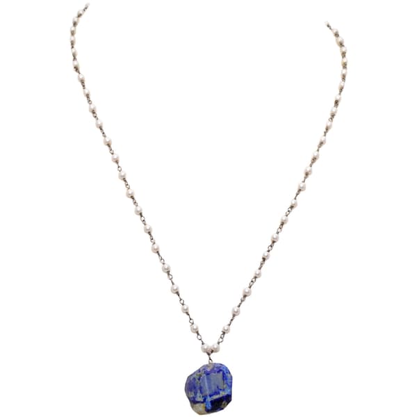 Lapis Lazuli Gemstone With Pearl Chain Black Rhodium Plating Bp1058