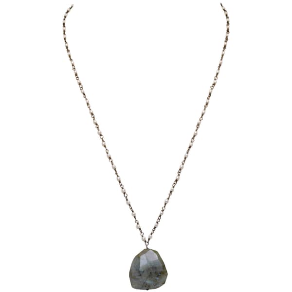 Labradorite Gemstone With Pearl Chain Black Rhodium Plating Bp1059