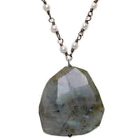 Labradorite Gemstone With Pearl Chain Black Rhodium Plating Bp1059 photo 2