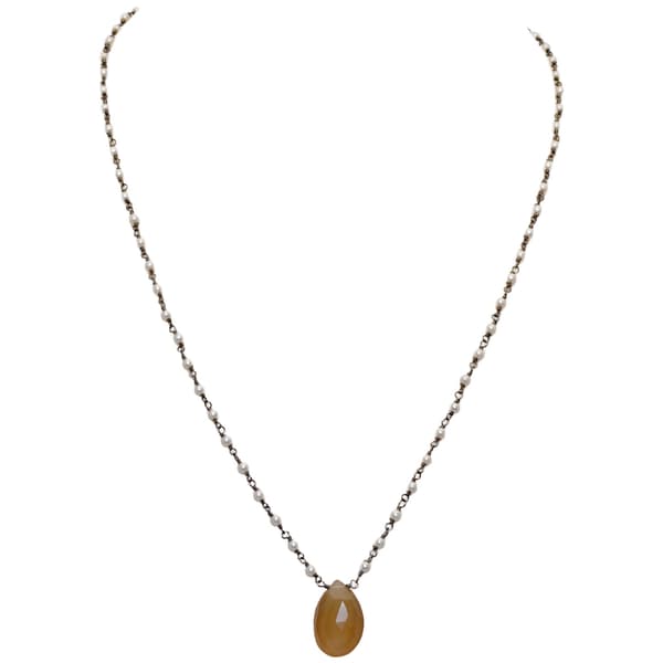 Chalcedony Gemstone With Pearl Chain Black Rhodium Plating Bp1061