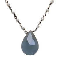 Blue Chalcedony Gemstone With Pearl Chain Black Rhodium Plating Bp1066 photo 2