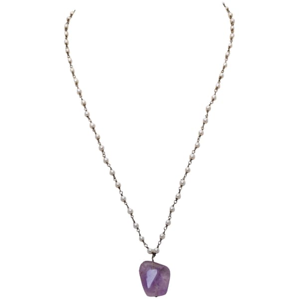Amethyst Gemstone With Pearl Chain Black Rhodium Plating Bp1068