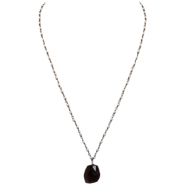 Smoky Gemstone With Pearl Chain Black Rhodium Plating Bp1070