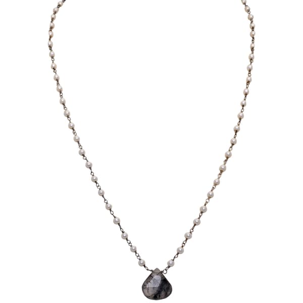 Rutile Quatz Gemstone With Pearl Chain Black Rhodium Plating Bp1072