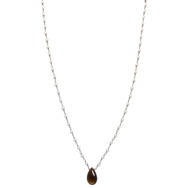 Smoky Gemstone With Pearl Chain Black Rhodium Plating Bp1074