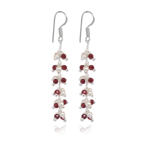 Pearl & Red Garnet Zircon Beads Dangle Drop Style Earrings CE-1104
