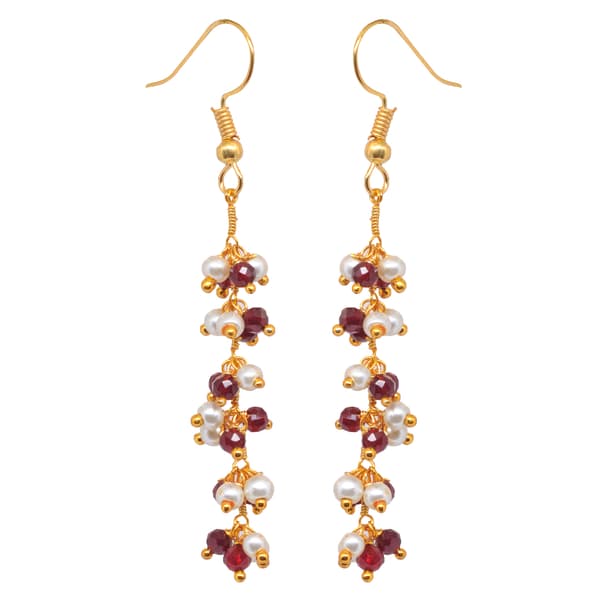 Pearl & Ruby Color Zircon Beads Dangle Drop Style Earrings CE-1137