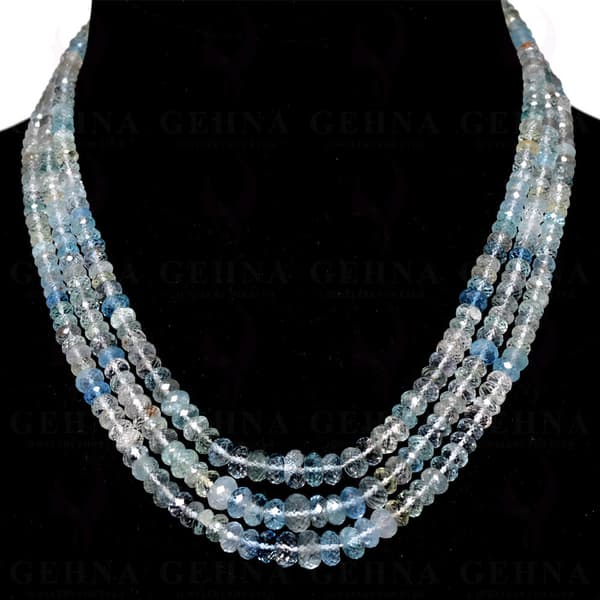 3 Lines 389 Carats Aquamarine Gemstone Faceted Bead Necklace AQ1004