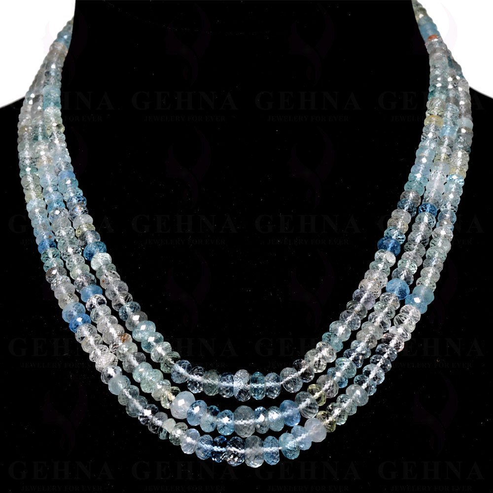 3 Lines 389 Carats Aquamarine Gemstone Faceted Bead Necklace AQ1004