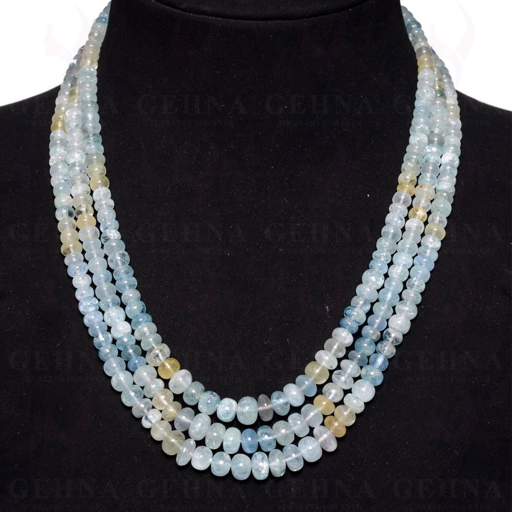3 Lines 509 Carats Aquamarine Gemstone Plain Bead Necklace AQ1022