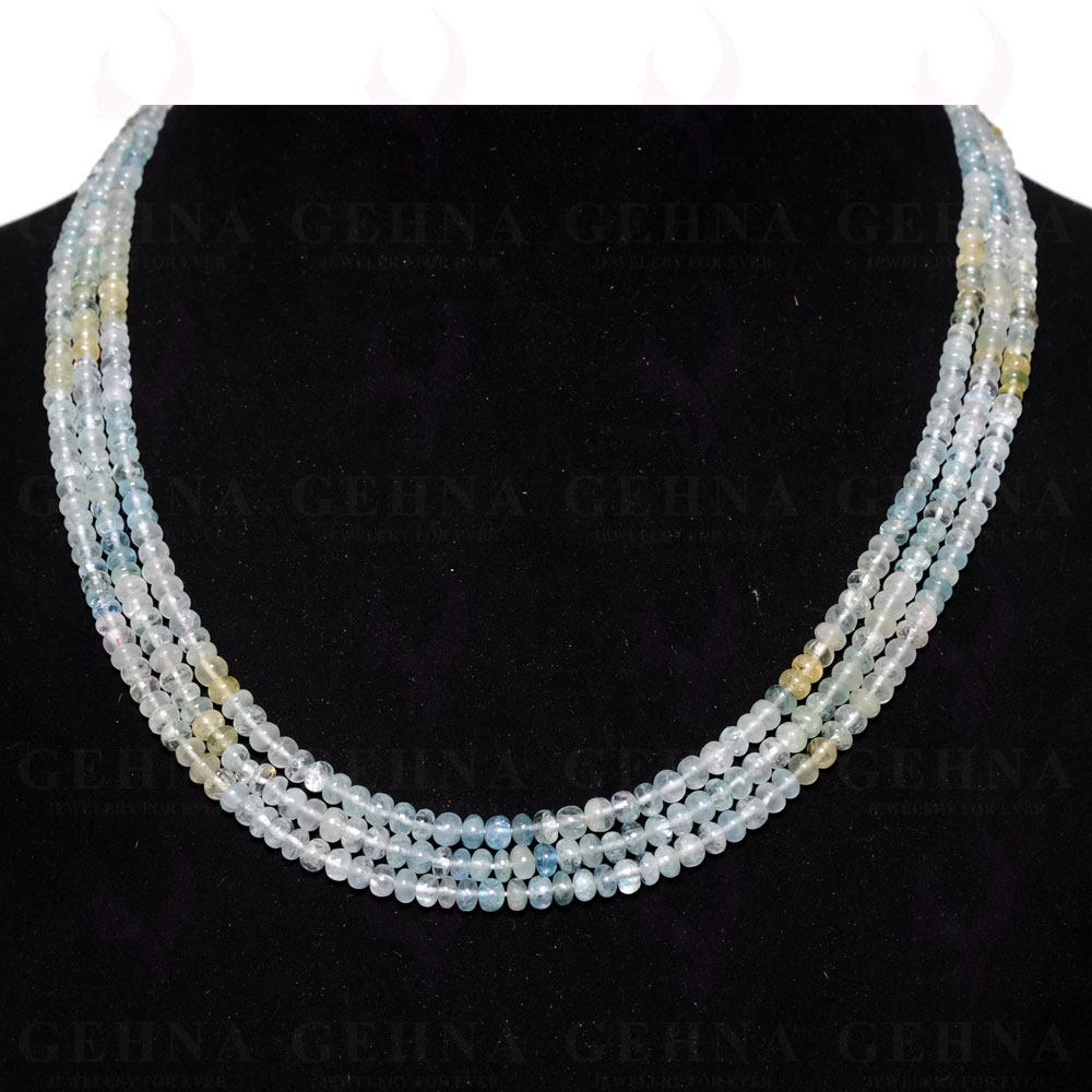 3 Lines 190 Carats Aquamarine Gemstone Plain Bead Necklace AQ1026